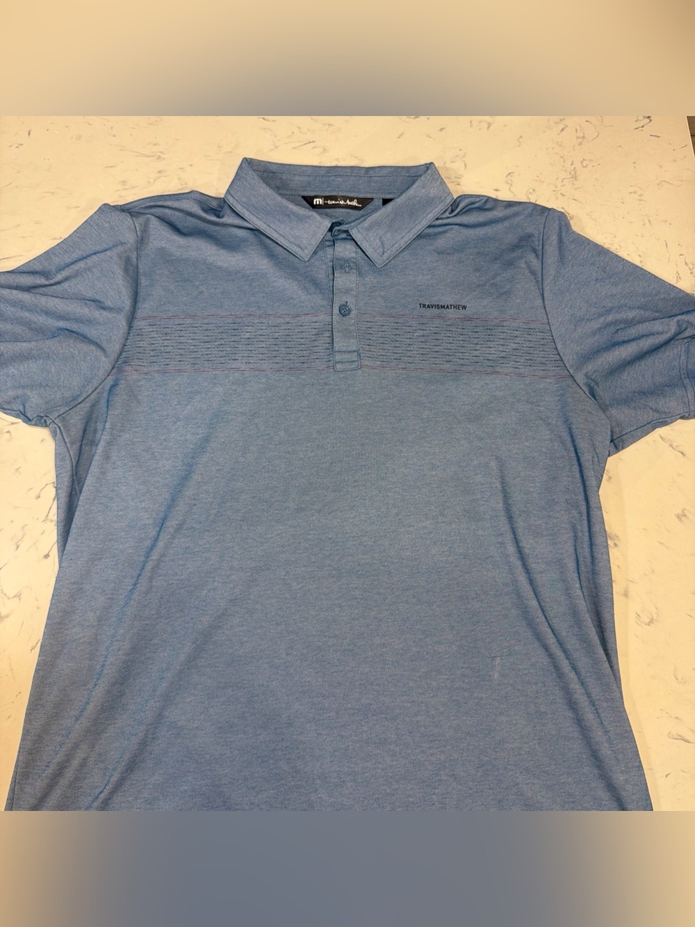 Travis Mathew Men’s Blue With Stripe Collared Golf Shirt Size XL